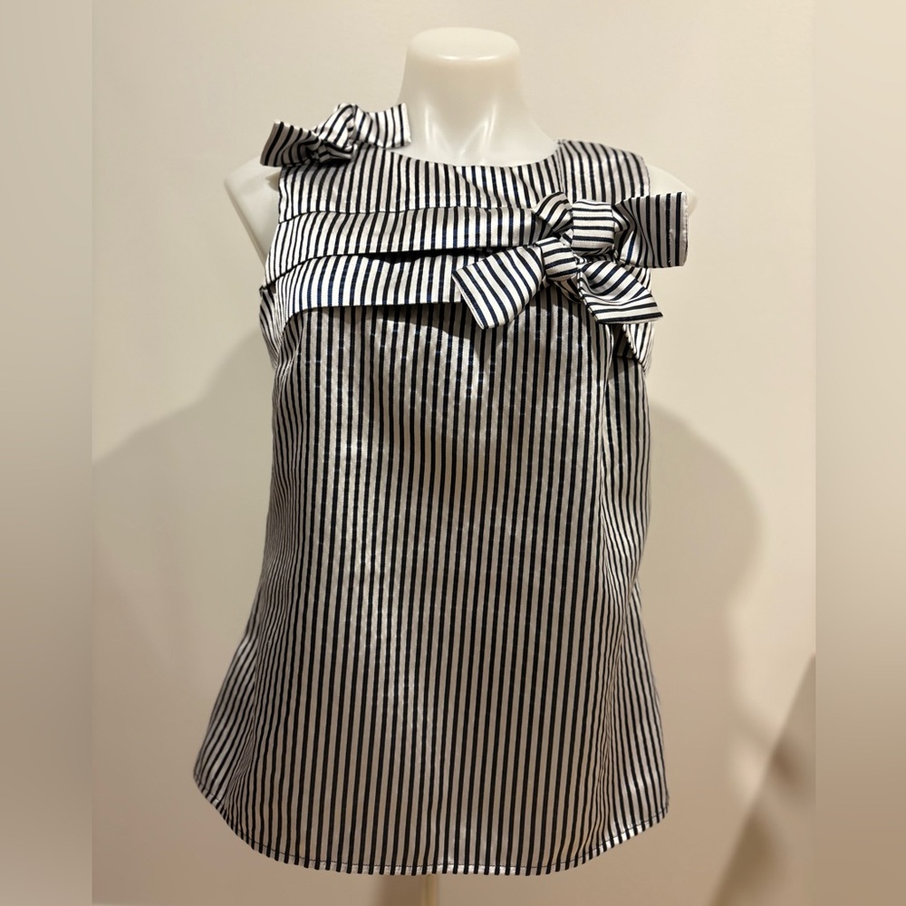 Banana Republic Black and White Striped Sleeveless Bow Trim Top